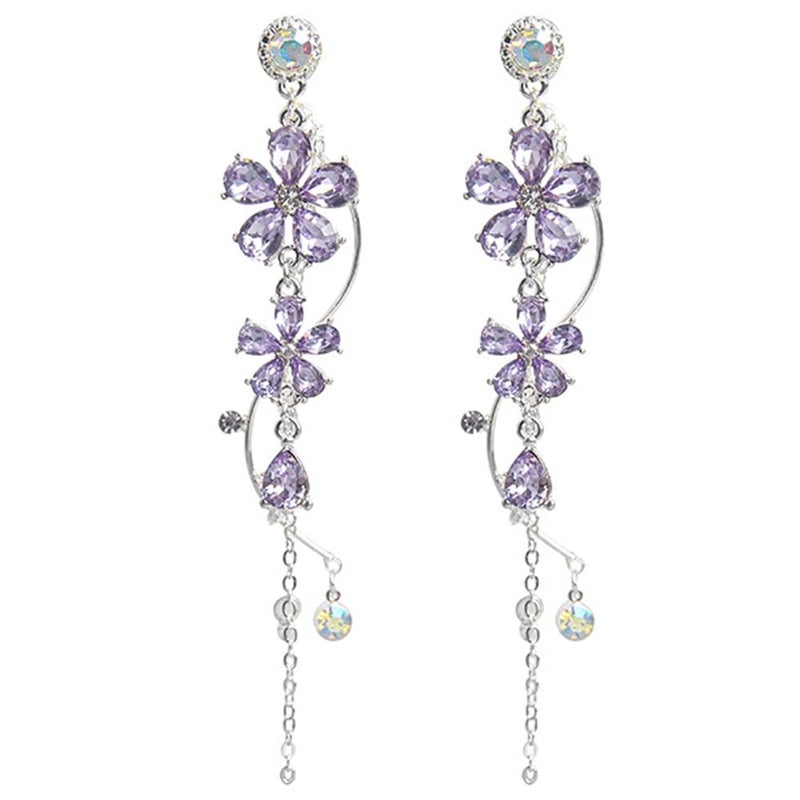 fxmimior Silver Long Flower Earrings Purple Rhinestones Big Dainty Floral Drop Earrings Statement Charm Earring Body Jewelry for Women - Image 1